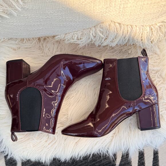 Express Oxblood Burgundy Patent Chelsea Ankle Boots Square Toe Block Heel 8 - Picture 8 of 9